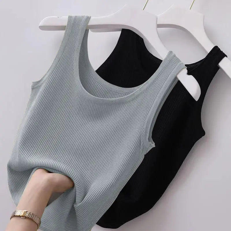 Summer Knit Vest Top sexy Sleeveless O Neck Women Camisole Pure Color Black White t-shirt Solid Color Plus Size  Slim Tank Top