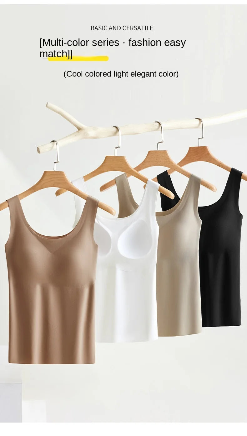 Altasawuq 2PCS/Lot Silk Seamless Tank Top with Fixed Chest Pad Women's Camisole Top Sleeveless Inner Outerwear Camison Verano High Strecth