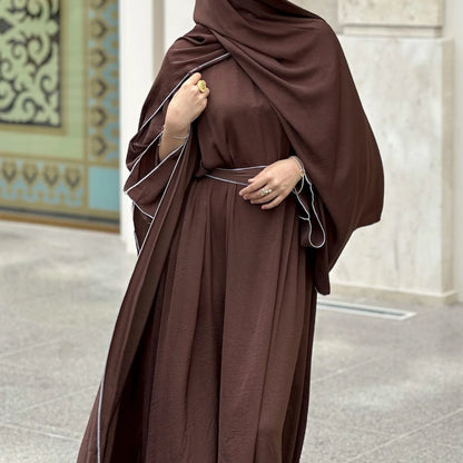 New Modest Dress Open Abaya and Hijab 3 Piece Suits for Women Eid Ramadan Muslim Sets Kimono Coat Elegant Islam Clothing