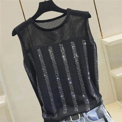 Altasawuq Women Short Sexy Top Basic Tanks Hollow Out Shiny Sleeveless Tops Vest 2022 Summer Slim Open Back Vest Ladies Vest