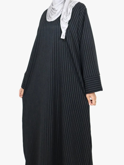 Pinstripe Muslim Woman Dress Loose Casual Islamic Clothing Dubai Abaya Side Pockets Modest Outfits Ramadan Eid Kaftan Autumn