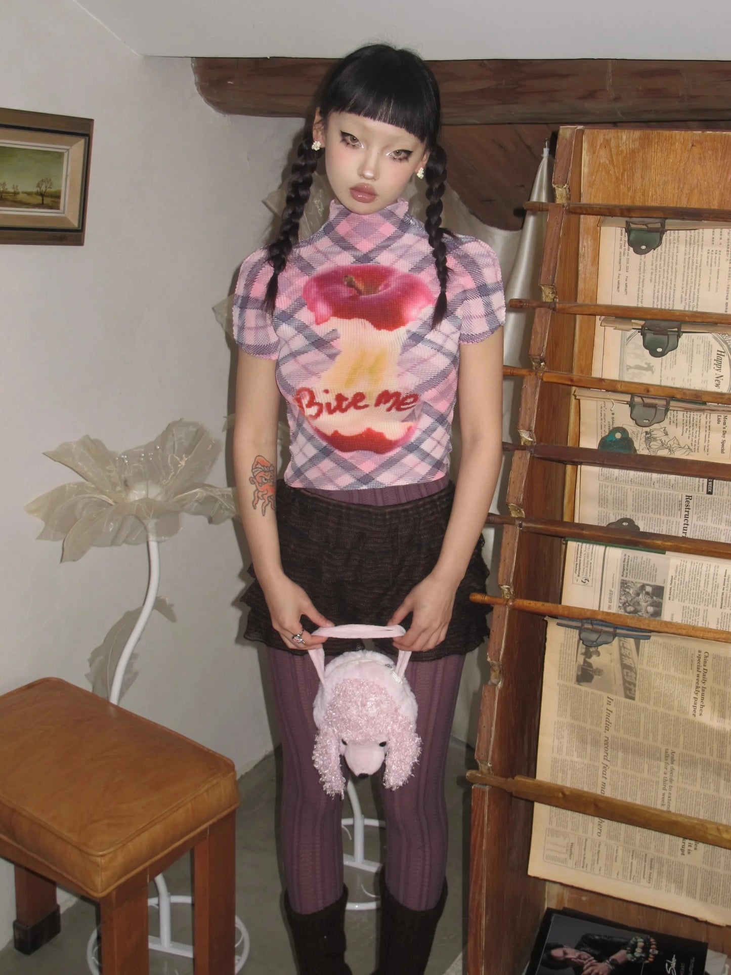 Altasawuq Karrram Japanese Y2k Graphic T-shirt Trashy 2000s Short Sleeve Crop Top Grunge Aesthetics Pleated T Shirts Vintage Harajuku 90s