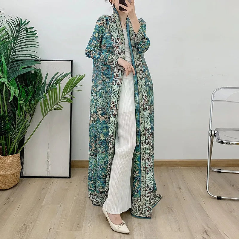 Mosong Fashion Miyake Pleated  2024 Temperament thin women's trench coat Long sleeve over knee mid-length printed women's Abaya