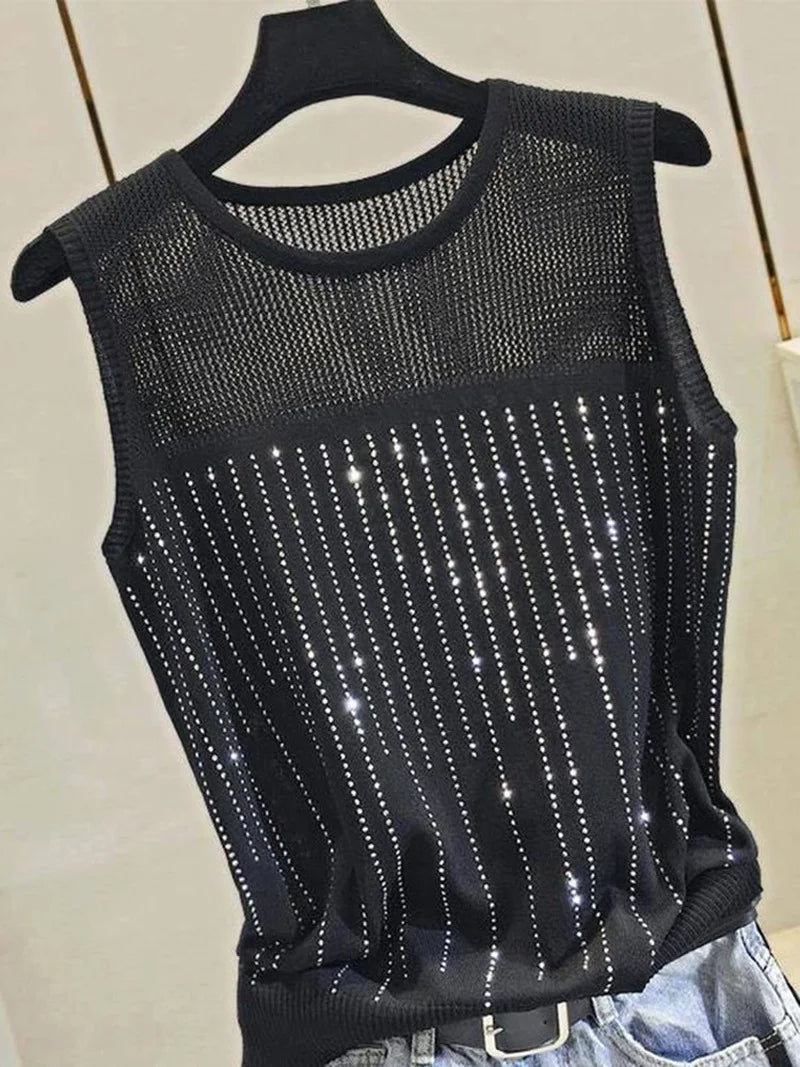 Altasawuq Women Short Sexy Top Basic Tanks Hollow Out Shiny Sleeveless Tops Vest 2022 Summer Slim Open Back Vest Ladies Vest