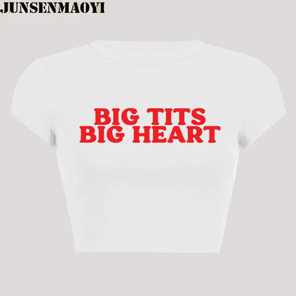 Altasawuq Big Tits Big Heart Print Pattern New Summer Short Sleeve O Neck Cropped Navel Women Crop Tops Fashion T-Shirt