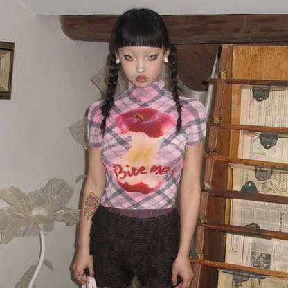 Altasawuq Karrram Japanese Y2k Graphic T-shirt Trashy 2000s Short Sleeve Crop Top Grunge Aesthetics Pleated T Shirts Vintage Harajuku 90s