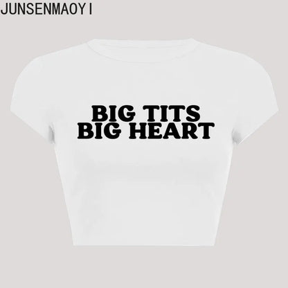 Altasawuq Big Tits Big Heart Print Pattern New Summer Short Sleeve O Neck Cropped Navel Women Crop Tops Fashion T-Shirt