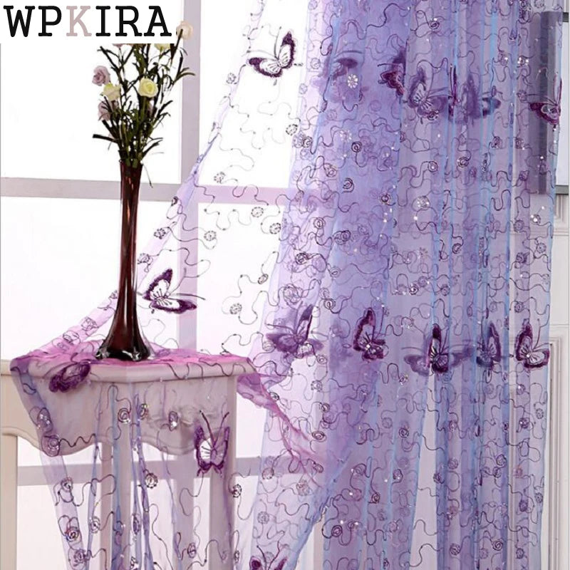 Altasawuq Romantic Modern Embroidered Sequins Butterfly Rustic Sheer Purple Voile Curtains for Living Room Bedroom Kitchen