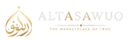 Altasawuq inverse white and gold logo for dark header backgrounds