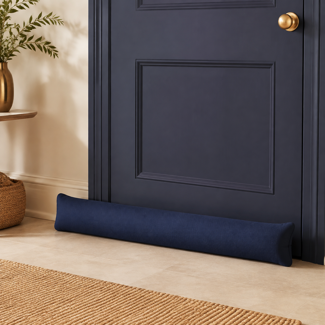 Navy waterproof decorative draught excluder positioned at the base of a door