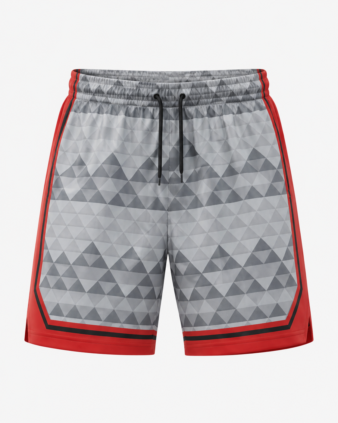 Red grey athletic gym training shorts with geometric pattern
