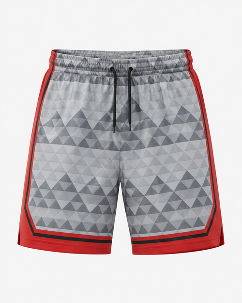 Red grey athletic gym training shorts with geometric pattern