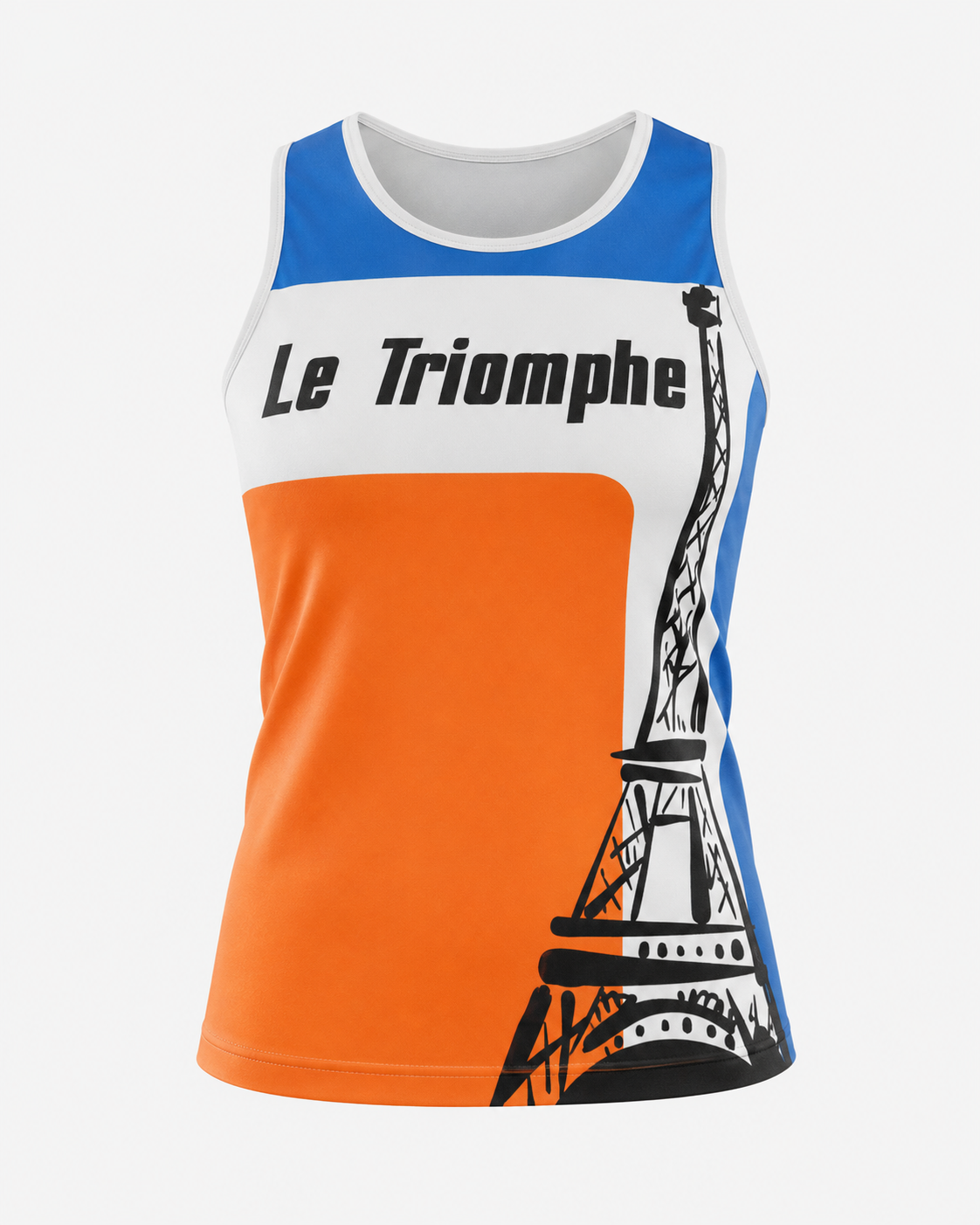Athletic polyester gym tank top in blue white and orange