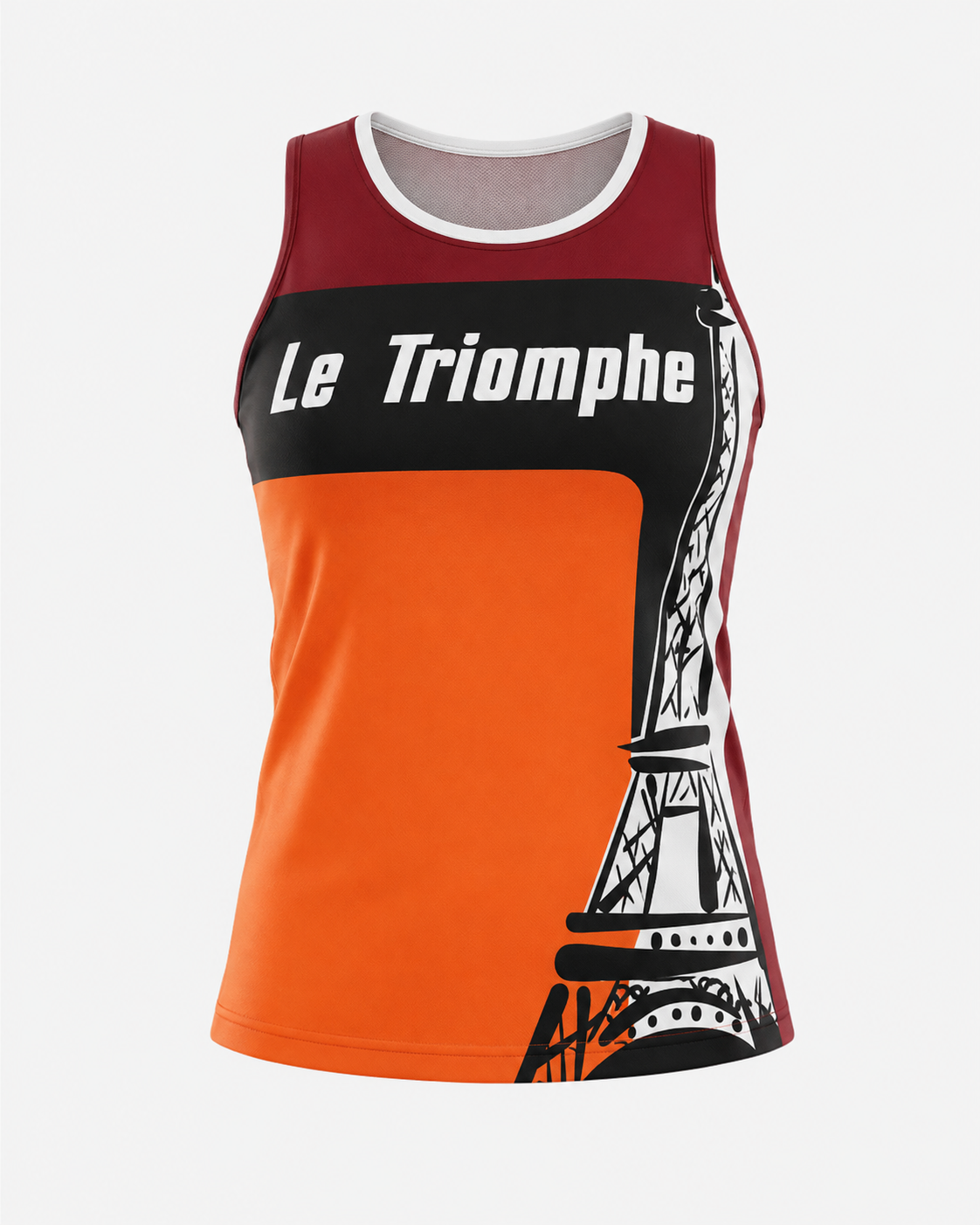 Athletic polyester gym tank top in burgundy black and orange