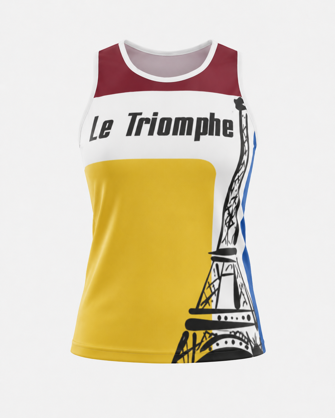 Athletic polyester gym tank top in yellow burgundy and blue