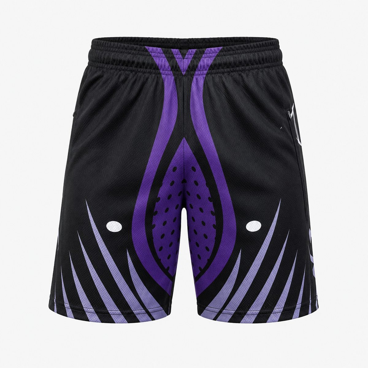 Black and purple polyester basketball training shorts
