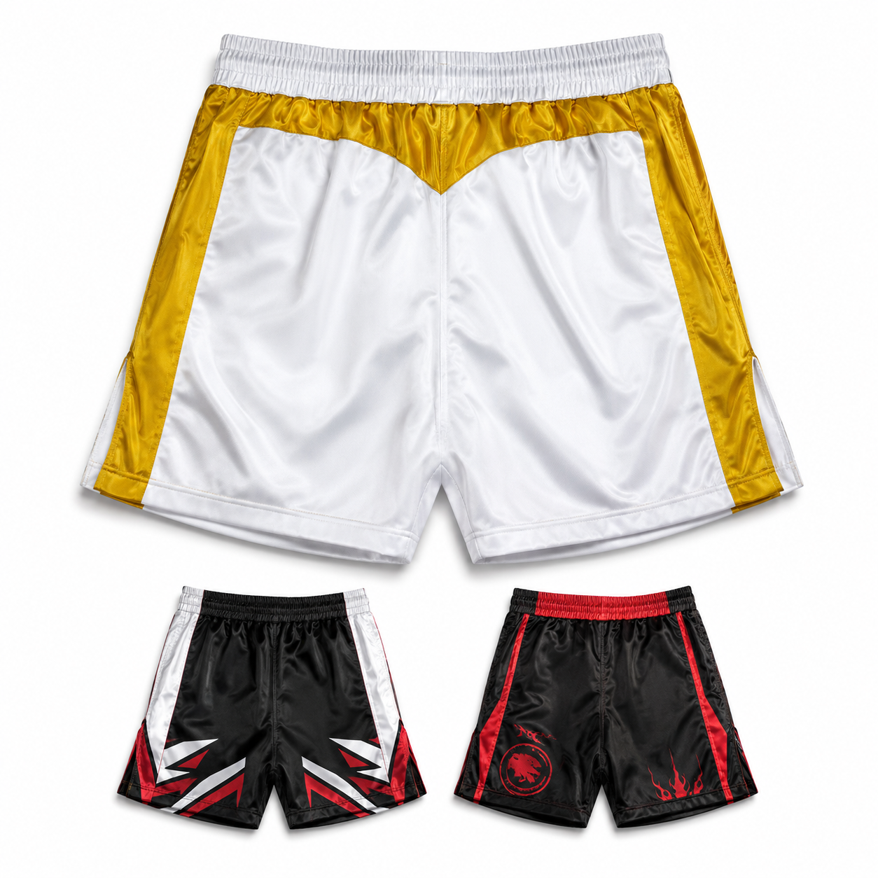 Boxing and MMA training shorts in white gold black white red and black colourways