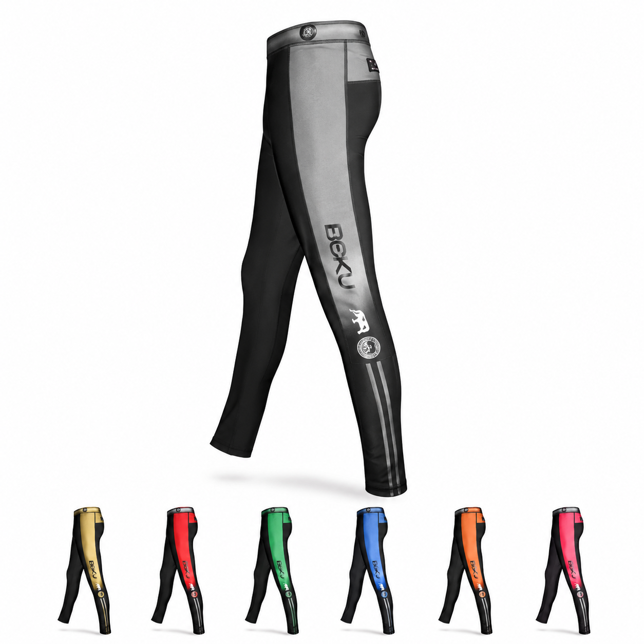 Compression leggings in grey gold red green blue orange and pink colourways