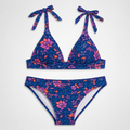 Purple floral two-piece bikini set with adjustable ties